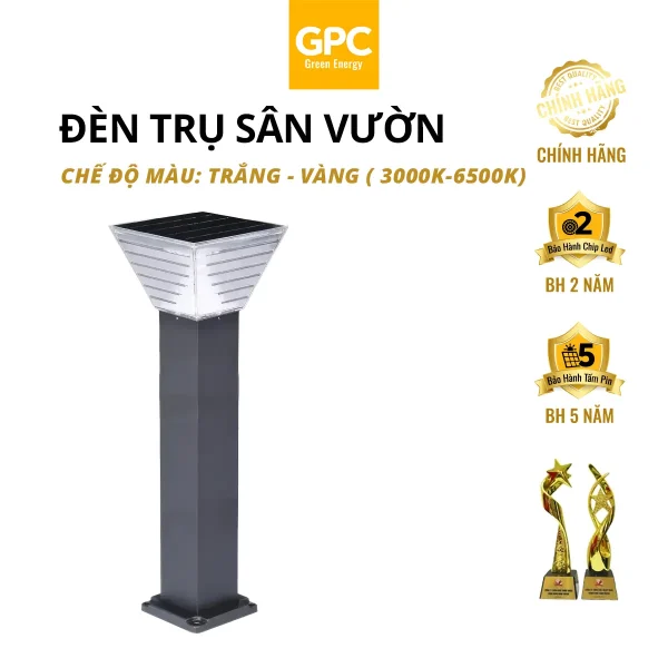 Đèn Trụ Sân Vườn Dạng Vuông Năng Lượng Mặt Trời, Ánh Sáng Trắng, Vàng [60cm]GPC Solar DTVSVS60GPC